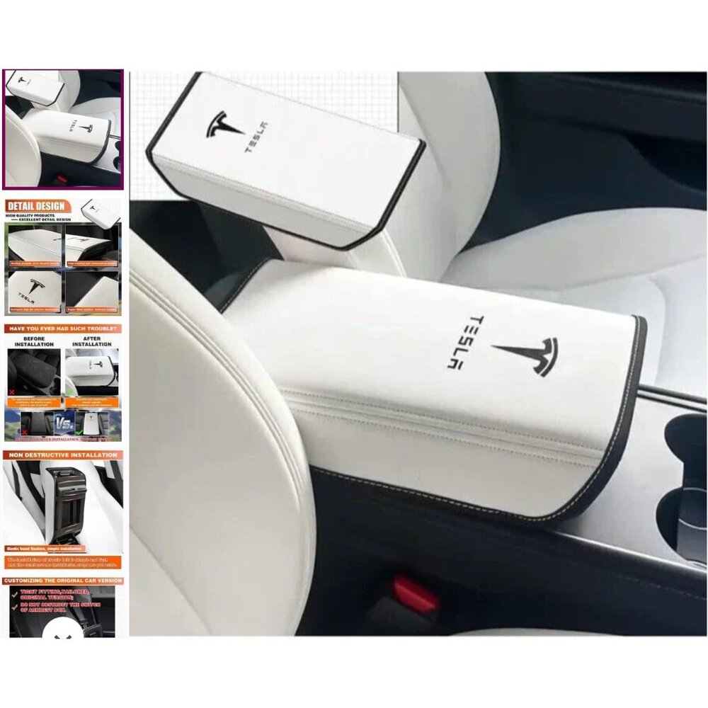 Car Armrest Cover for Tesla Model 3 & Model Y White Waterproof Leather Console